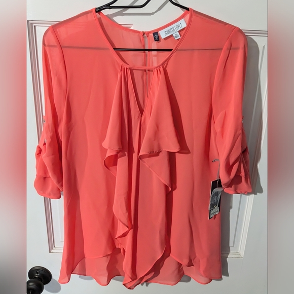 Jennifer Lopez, NWT, Hot Coral, Semi-Sheer, Ruffle Front Blouse, Size XS - Picture 2 of 13